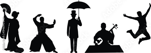 Japanese Culture Silhouette Set with Geisha Samurai Musician Umbrella Man and Jumping Figure Traditional Japan Characters Isolated on White