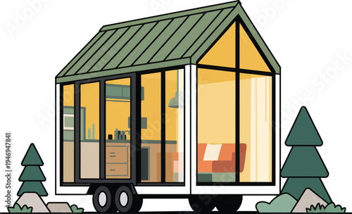 Stylish tiny house on wheels with a green roof and extensive glass windows showcasing a cozy interior, surrounded by minimalist trees