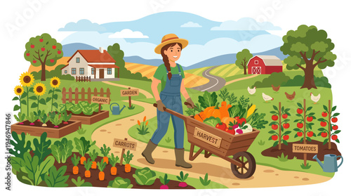 A woman in a farm garden, illustrated on a card, showing a girl farmer harvesting organic vegetables, with a modern agriculture worker carrying a wheelbarrow amid a rural countryside landscape, all