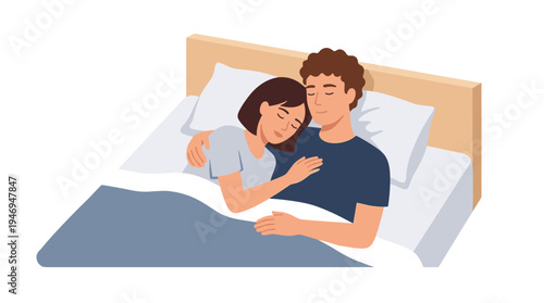 A loving couple lies in bed after sex, their intimacy evident as they sleep together, a romantic partnership captured in a flat vector illustration on a white background