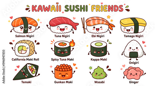 A collection of sushi characters featuring adorable, kawaii Japanese food with cheerful, expressive faces and smiles, presented as flat vector illustrations on a white background