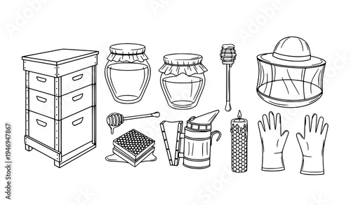 Beekeeping tools and honey production outline vector set with hive honey jar smoker and dipper