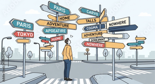 Man looking at travel signs.