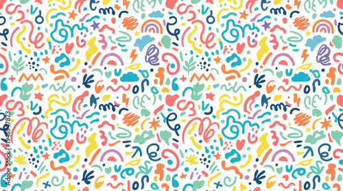Abstract, colorful doodle scrawl stitches a seamless pattern. Trendy elements—curves, dots, spots, stars, and scribbles—form a flat vector illustration. Cute geometric shapes add decorative flair