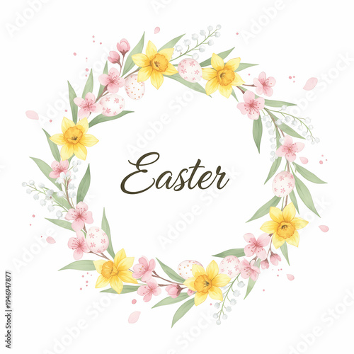 easter wreath with yellow flowers and pink blossoms, spring decoration for holidays and celebrations with floral patterns