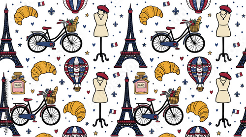 Hand‑drawn seamless pattern featuring Paris and France icons – a French perfume bottle, bicycle, croissant, Eiffel Tower, mannequin, and hot air balloon on a white background. Vector illustration for