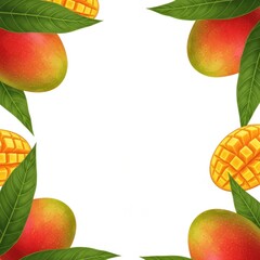 Mango fruit border with leaves on white background