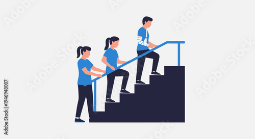 People Assisting Injured Individual in Recovering and Climbing Stairs Symbolically