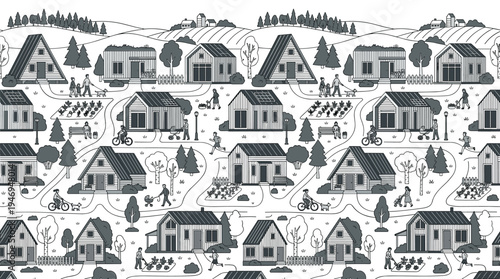 A continuous pattern featuring a neighborhood of Scandinavian-style suburban cottages inhabited by local residents, set against a backdrop of eco-friendly wooden countryside structures, rendered in