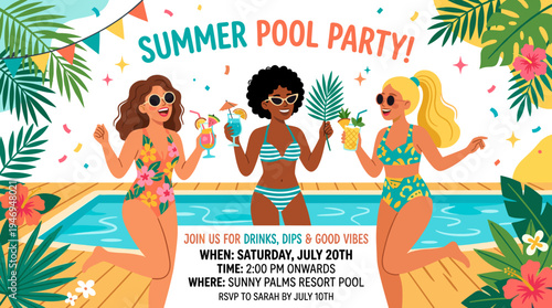 A summer party invitation template featuring joyful women in swimsuits and sunglasses sipping exotic cocktails and laughing, illustrated as a vector for a seasonal outdoor event announcement