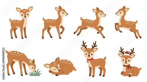 A collection of charming deer set against a white backdrop, featuring cute spotted bambis that lie, run, jump, eat, and walk, along with festive Christmas reindeer and forest horned animals, rendered