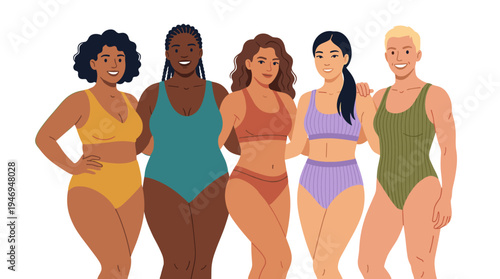 Illustration of diverse women in underwear, showcasing various beauties, body types, shapes, figures, hair styles, and skin tones, plus a group portrait of females in swimsuits, rendered as a flat