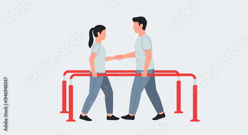 People Handshaking While Walking Between Parallel Bars Promoting Rehabilitation And Fitness