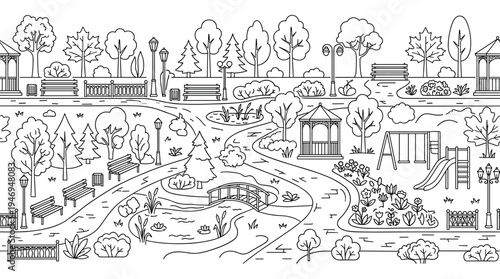 A horizontal, seamless pattern depicting an empty city park landscape, rendered in monochrome line art against a local outdoor recreation backdrop, outlining a garden square scene in vector linear