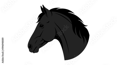 Profile of a Lipizzan horse head, a stunning thoroughbred stallion avatar shown from the side, a purebred Kladruber equine with black skin, rendered as a flat vector illustration on a white
