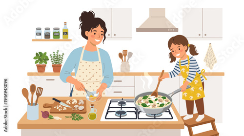 A woman is preparing dinner in her kitchen while a young girl stews mushrooms in cream on a stove; the female chef makes a homemade vegetarian dish of champignons and spinach in a pan, depicted as a
