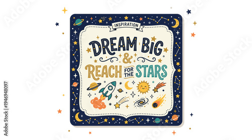 A star-themed postcard featuring a starry framed backdrop, a square layout with a motivational phrase, an inspirational quote, and typographic elements, accented by sparkles and a charming hand‑drawn