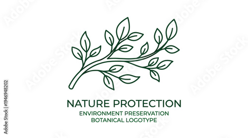 Linear vector icon of plant foliage, featuring a twig and branch outline with leaves, serving as a floral botanical logotype and symbol of environmental preservation and nature protection on a white
