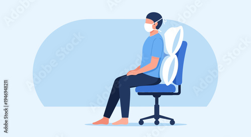 Person Seated Wearing Mask, Utilizing Lumbar Support For Optimal Posture And Wellness