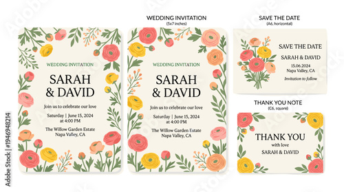 A set of sophisticated wedding invitation, Save the Date card, and Thank You note templates adorned with vibrant pink, orange, and yellow ranunculus blossoms and foliage, presented as a floral vector