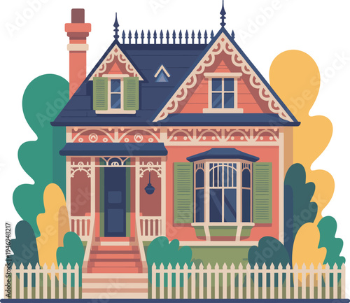 Charming pink and coral colored cottage with intricate trim, a dark blue roof and door, surrounded by stylized greenery and fence