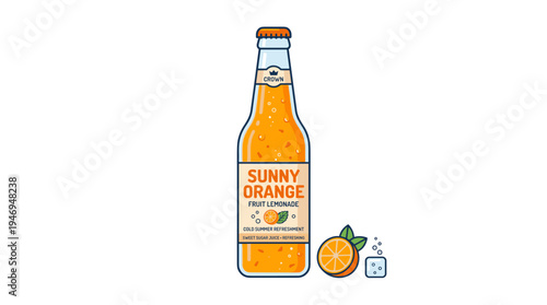 A soda in a bottle, orange fruit lemonade, offers a cold summer refreshment, a sweet sugary drink, sealed infused water, illustrated as a flat vector on a white background