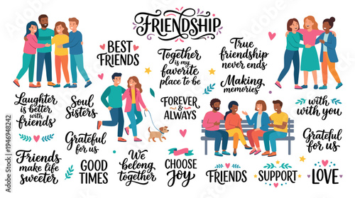 A set of handwritten friendship letters in graceful calligraphic script, presented as a bundle of decorative inscriptions against a white backdrop, rendered as a modern vector illustration