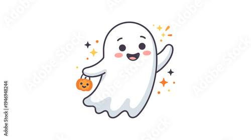 A charming, joyful Halloween ghost grins with a friendly expression, exuding sweet, magical spirit vibes in a childlike flat vector illustration of a phantom