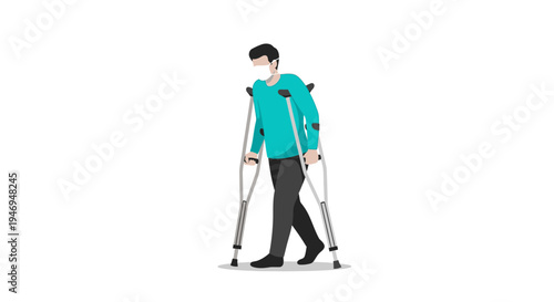 Person Using Crutches And Mask Walking Forward Illustrated On White Background