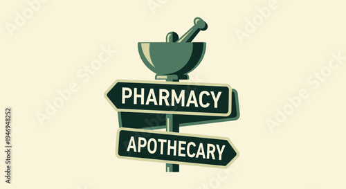 Pharmacy And Apothecary Direction Sign Illustrating Healthcare And Medicinal Symbolism
