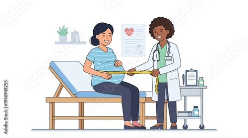 A female doctor measures a pregnant woman's belly with a tape in a flat vector illustration; the expectant mother visited the clinic, enjoying isolated prenatal care on a white background