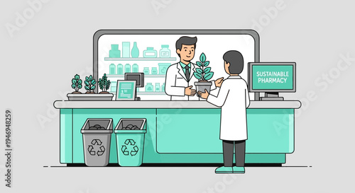 Pharmacist Serving Sustainable Plants To a Client With Eco-Friendly Recycling Bins at Shop
