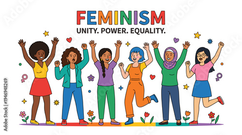 Feminist idea illustrated by diverse modern girls raising their hands in a colorful scene