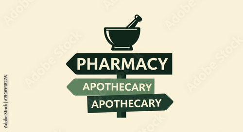 Pharmacy And Apothecary Directional Sign With A Mortar And Pestle Icon