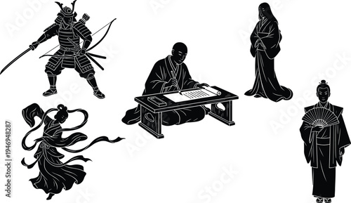 Japanese culture silhouette collection featuring samurai warrior, geisha dancer, calligraphy writer and traditional kimono characters isolated on white background
