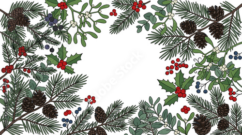 A vertical Christmas backdrop featuring hand‑drawn conifer branches, cones, berries, and leaves of winter holiday plants, rendered with contour lines in a realistic natural vector style