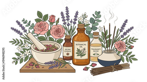 A refined arrangement featuring scented cosmetics, fragrances or odorants housed in glass bottles, a mortar and pestle, incense sticks, and lush blooming flowers, rendered as a realistic vector