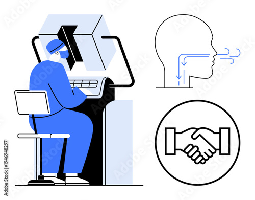 Healthcare diagnostics. Healthcare professional analyzes data, breathing function diagram, and partnership handshake. Healthcare enables better diagnostics and cooperation. For medical practices