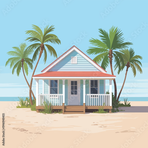 Small, light blue beach house with a red roof and porch, surrounded by palm trees on a sandy shore with the ocean in the background.