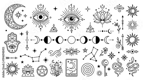 A collection of mystical line‑art ornaments featuring crescent moons, mystic eyes, and lunar phases, adorned with celestial astrological motifs and cosmic spiritual symbols, presented as isolated
