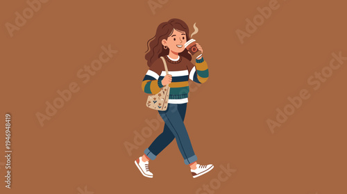 A young woman in casual attire strolls while sipping coffee from a paper cup, depicted as a pretty girl holding a hot drink against a brown backdrop in a vibrant flat cartoon illustration