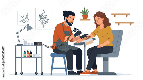 A tattoo artist is working, skillfully applying ink to a young woman's skin in a flat illustration style