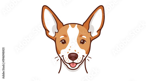 Ibizan hound dog head, featuring a cute, funny puppy portrait with a bicolored spotted muzzle, purebred canine snout, rendered as a flat vector illustration on a white background