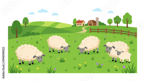 A herd of fluffy ewes grazes peacefully in a green pasture on a rural farm, rendered as a flat vector illustration on a white background