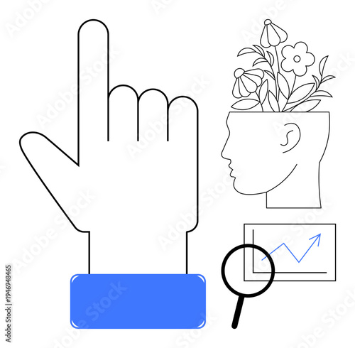 Hand pointing upward, head with blooming flowers symbolizing growth, magnifying glass over a growth graph. Ideal for creativity, self-improvement, education, innovation, mindfulness, analytics