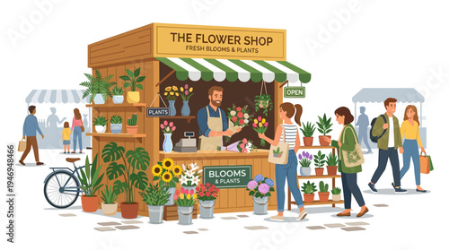 A flat vector illustration shows an outdoor kiosk or stall featuring a potted plant and cut flowers, while a male florist works at a street shop selling houseplants and bouquets, and people stroll