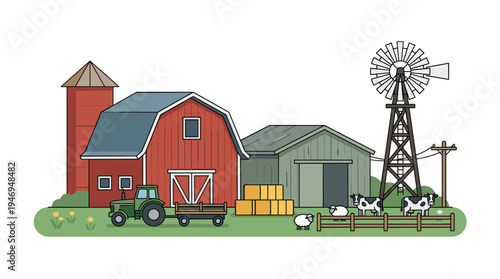 Farm buildings, a barn shed and a rural tower. Countryside construction, barnyard equipment. Country hangar, outdoor household, husbandry, hay. Flat vector illustration isolated on a white background