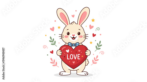 A charming rabbit stands, clutching a large heart in a flat vector illustration. The joyful bunny relishes love, tenderness, and the best feelings while isolated on a white background. Its romantic