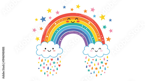A charming, whimsical rainbow speckled with stars and a splash of magical, colorful rain sits against a plain white backdrop. It looks like a sweet children's drawing, a flat, childlike doodle