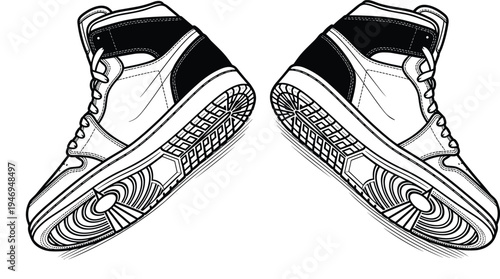 High top sneakers pair illustration with detailed sole and laces sporty streetwear shoes isolated on white vector design